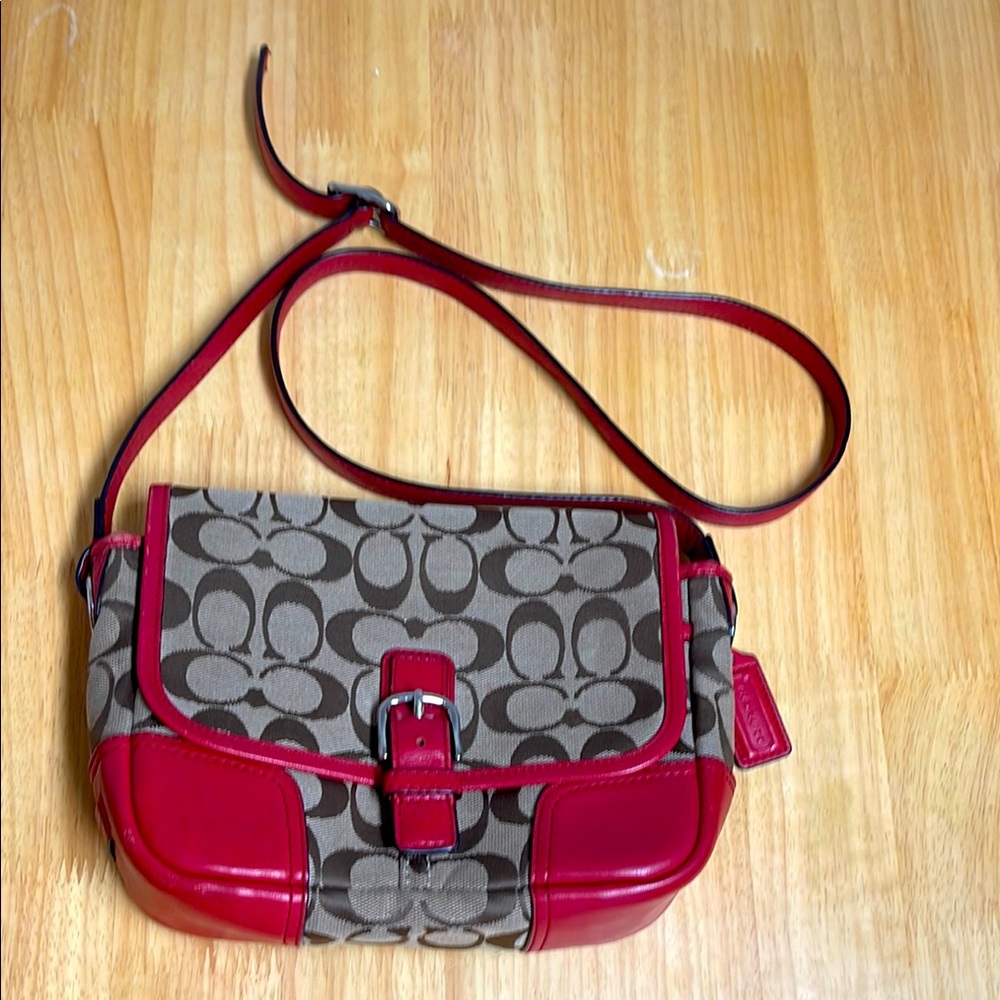 Coach Red and Brown Signature Shoulder Bag